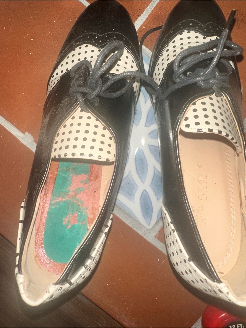 Chase + Chloe Black and White Polka Dot Lace-Up Heels